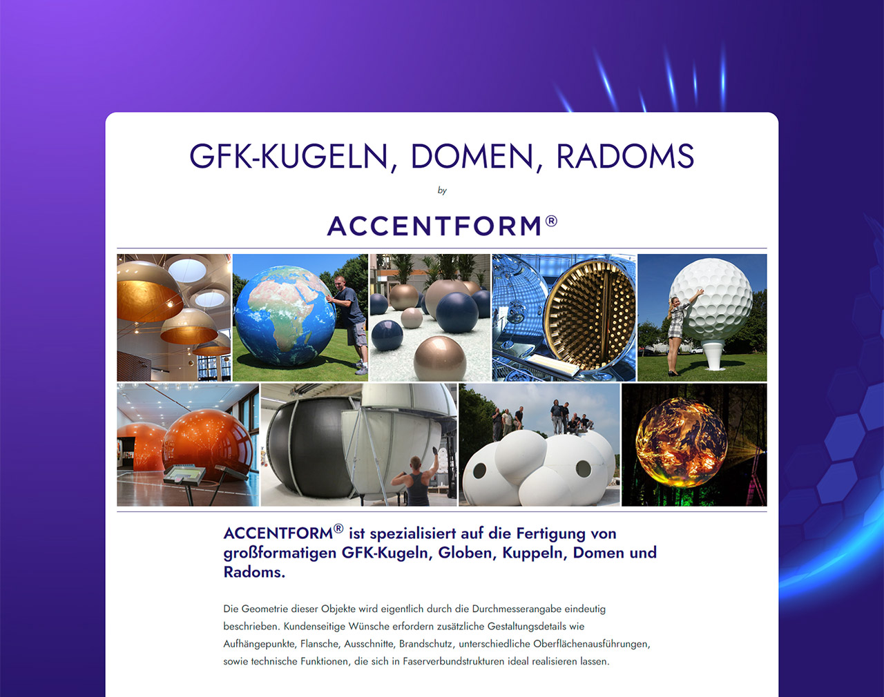 Landingpage: GFK-Kugeln, Domen, Radoms by ACCENTFORM