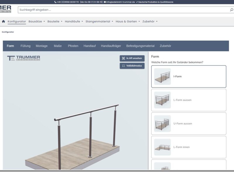 Screenshot des 3D Konfigurators vom unserem Kunden Trummer Edelstahl